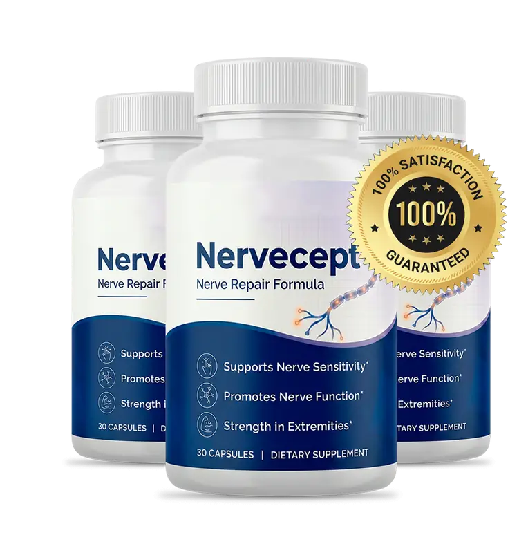Nervecept 100 percent satisfaction 60-day money-back guarantee seal with three bottles